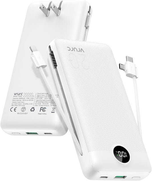 VRURC Power Bank 20000mAh, Fast Charging Portable Charger USB C,4 Output 2 Input Travel Essentials Charging Bank Equipped with LED Display,Built-in Wall Plug and Cables,Phone Charger Battery,White