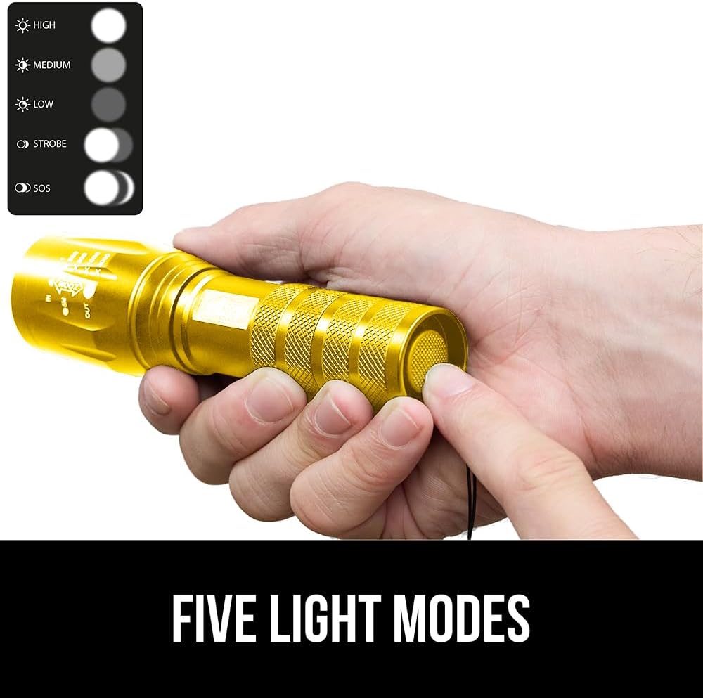 GORILLA GRIP Powerful LED Handheld Tactical Flashlight, 750 FT High Lumens 5 Adjustable Modes, Water Resistant, Ultra Bright Zoom Flashlights, Small Mini, Camping, Night Dog Walking, Gold