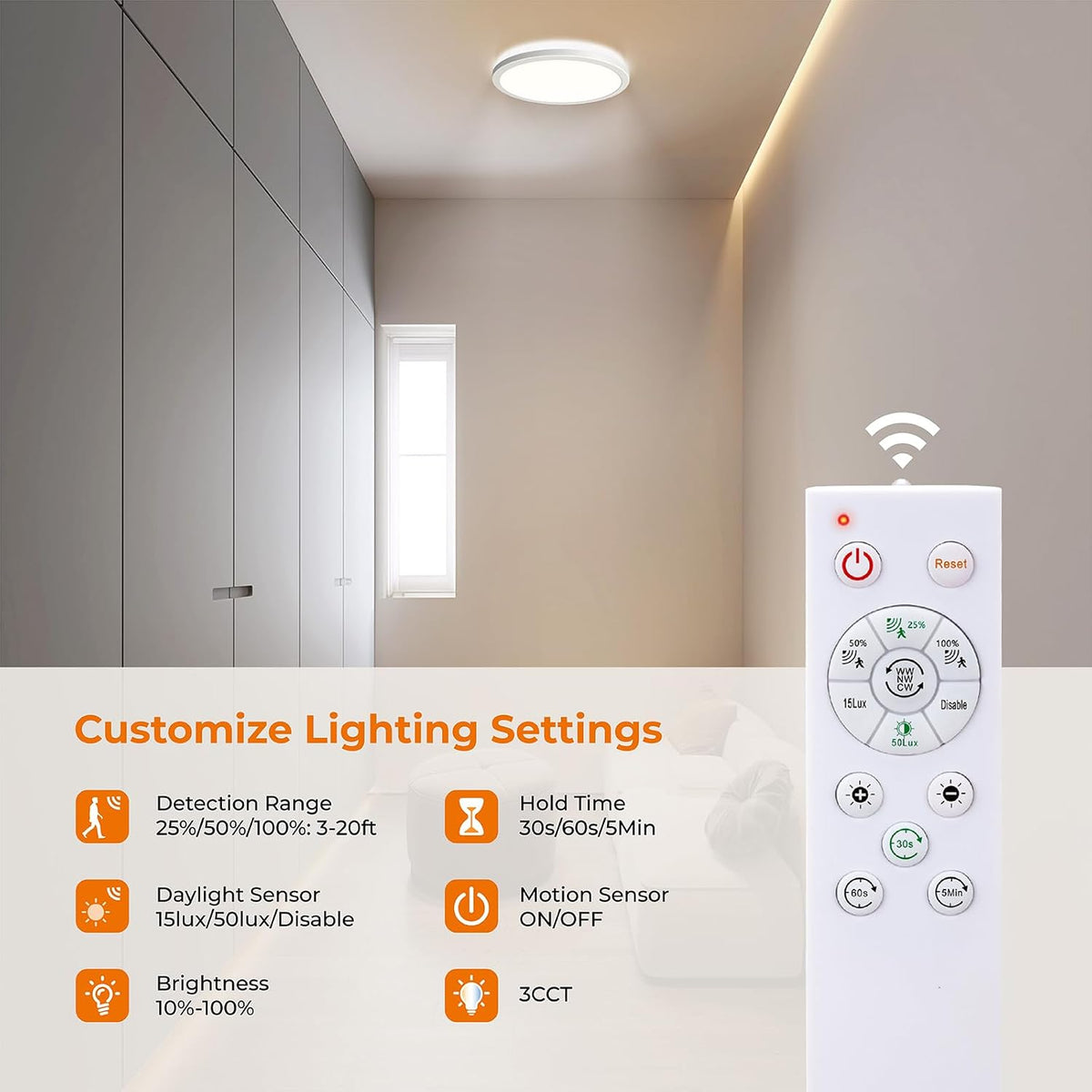 Matane Dimmable Motion Sensor LED Ceiling Light with Remote, Wired 9 Inch Flush Mount 3000K 4000K 5000K, 1800LM Motion Sensor Light Indoor for Closet Hallway Laundry Stairs White New Version