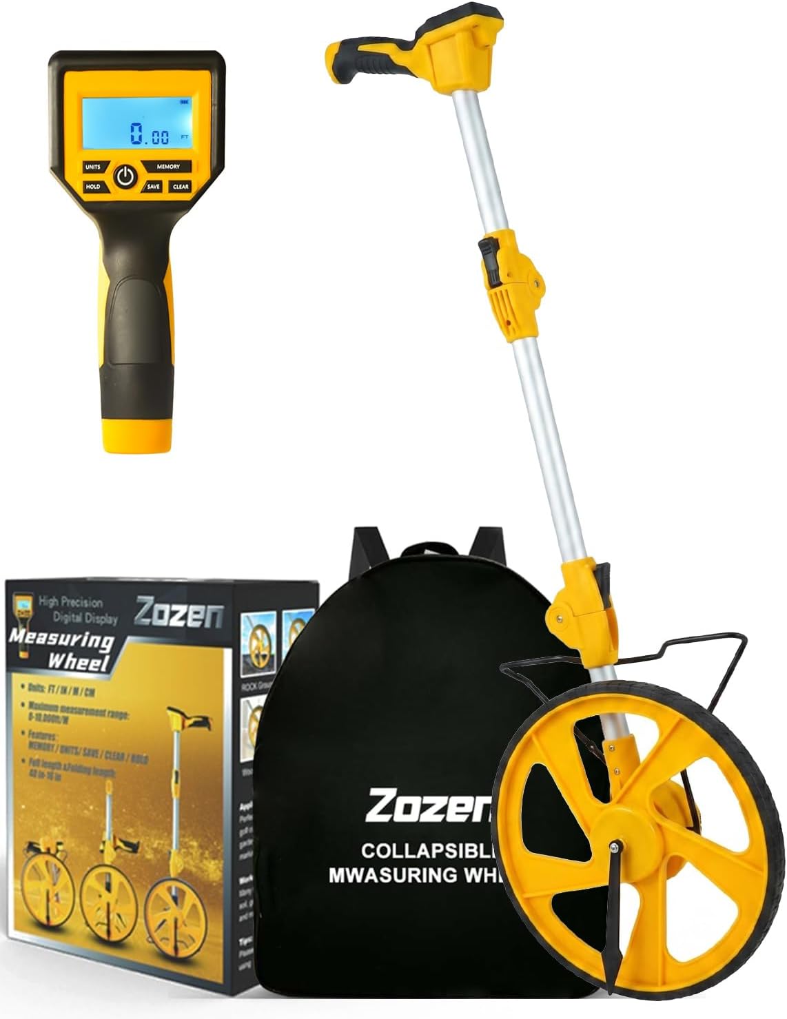 Zozen Measuring Wheel Digital Display, Imperial & Metric, High Precision | 3-Section Foldable, Backlit Display, Measure Wheel Roller Up to 9,999.99Ft/9,999.99M, Kickstand, Include Portable Backpack