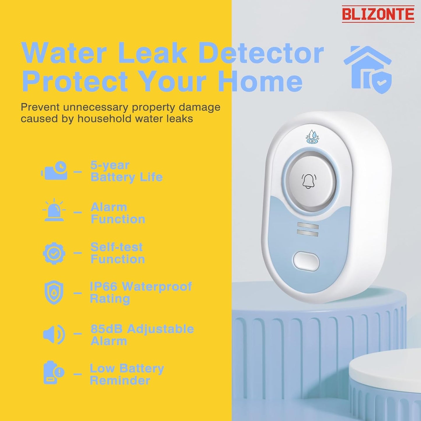 Water Leak Detector 5 Pack, 5-Year Battery Life, Water Alarm with Low Battery Warning, 100dB Loud Sound and Self-Test Function, IP66 Waterproof for Home Basement Kitchen(Not Support Wi-Fi)