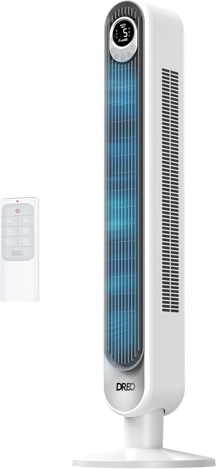 DREO Smart Tower Fan for Bedroom, 28ft/s, 20dB Ultra Quiet Fan, 8 Speeds | 2026 Upgraded DC Motor, 90° Oscillating Floor Fan, WiFi Voice Control, 4 Modes 8H Timer, Bladeless Standing Fans with Remote