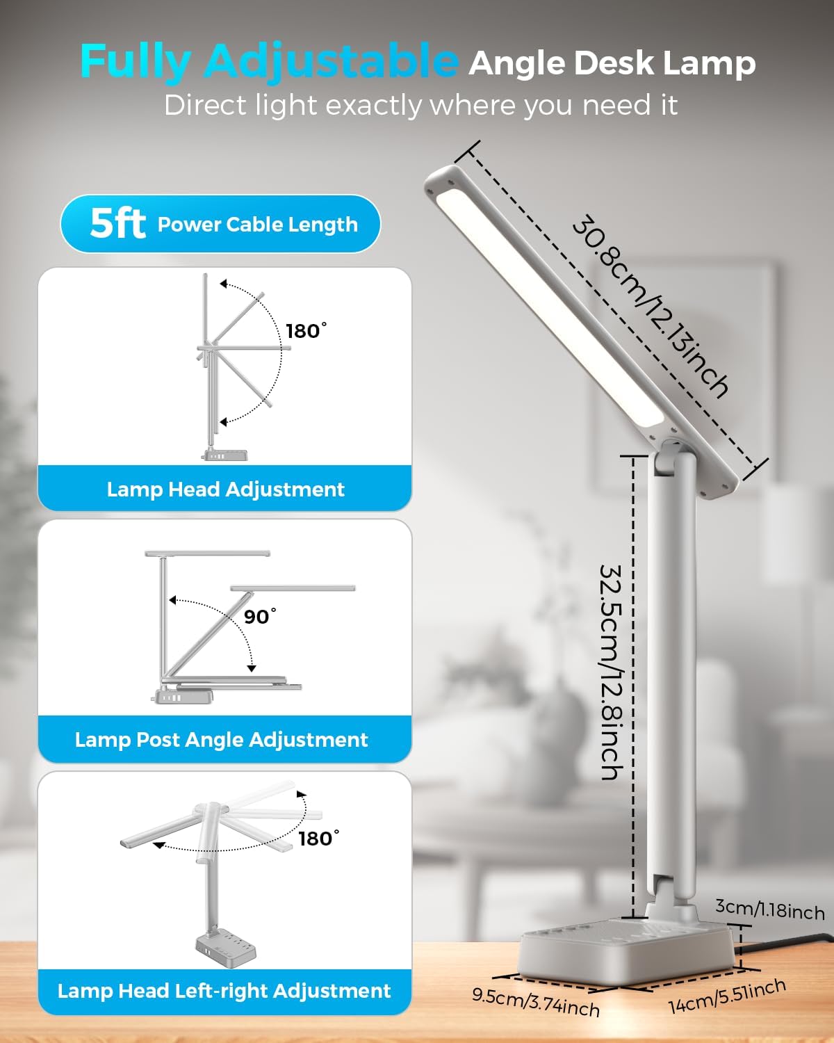 LED Desk Lamp with Power Strip, 3 AC Outlets, 4 USB Ports, Stepless Dimming