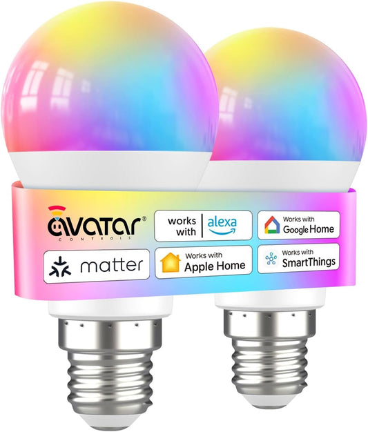 Avatar Controls Matter Smart Light Bulb Compatible with Apple HomeKit/Alexa/Google Home, 9W 2 Pack Color Changing Alexa LED Light Bulbs, Voice/App Controlled Dimmable WiFi Lighting for Room