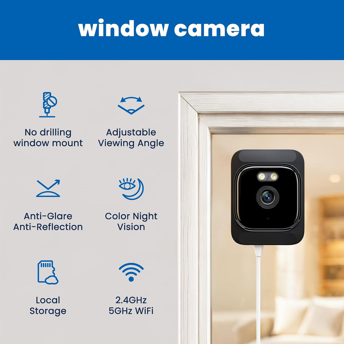 2K Window Security Camera, No Drill Mount with Anti-Glare Glass Design