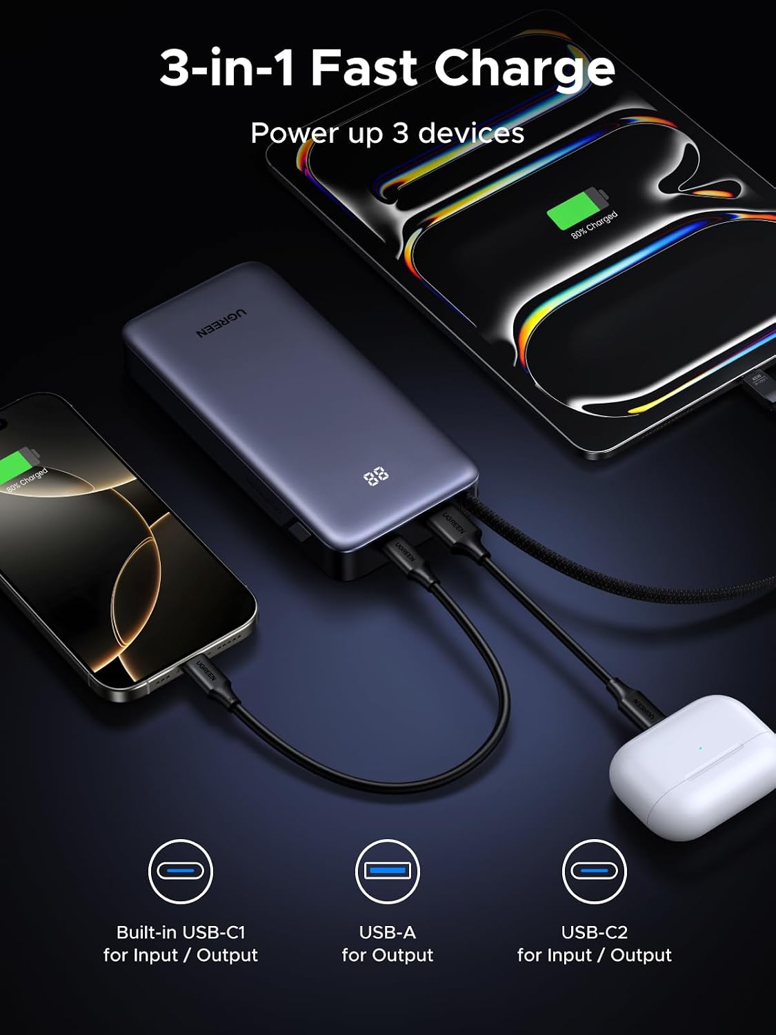 UGREEN Nexode 20000mAh 45W Power Bank, Built-in Cable for iPhone 17 Pro | Built-in USB-C cable, digital display, 3-port. Fast charges for iPhone 17 Pro, S26 Ultra, iPad Pro
