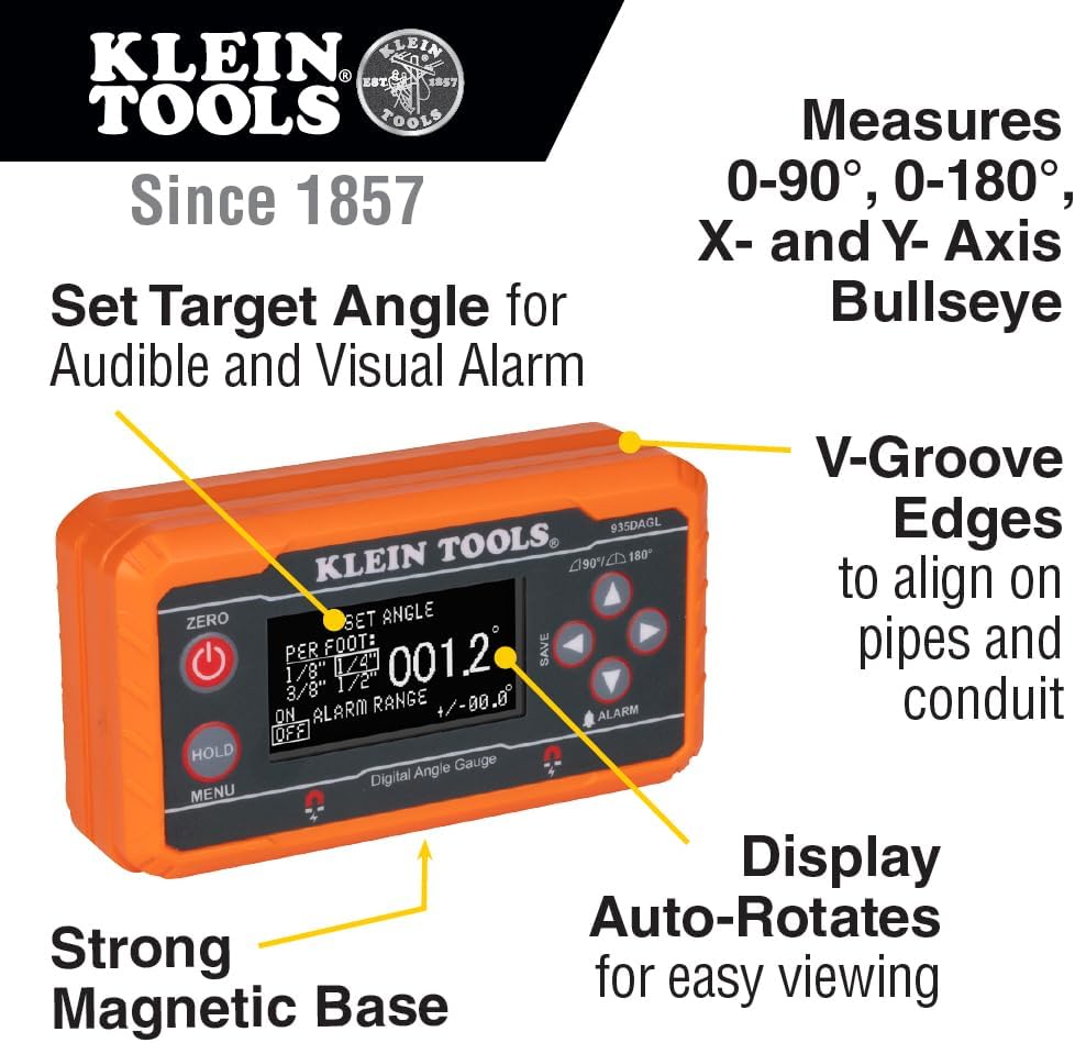Klein Tools 935DAGL Digital Level Angle Finder with Programmable Angles, Measures 0 - 90 and 0 - 180 Degree or Dual Axis Bullseye Ranges