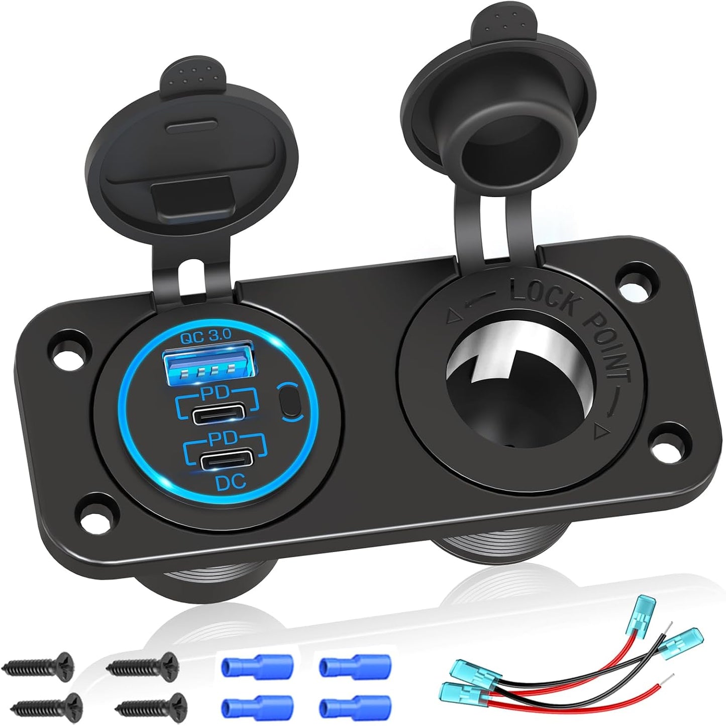 Cigarette Lighter Socket 12 Volt USB Outlet: PD 20W C and QC3.0 Car Port Aluminum Metal 12V Plug, 150W Charger Panel with Power Switch LED Voltmeter for Marine Boat RV Golf Cart