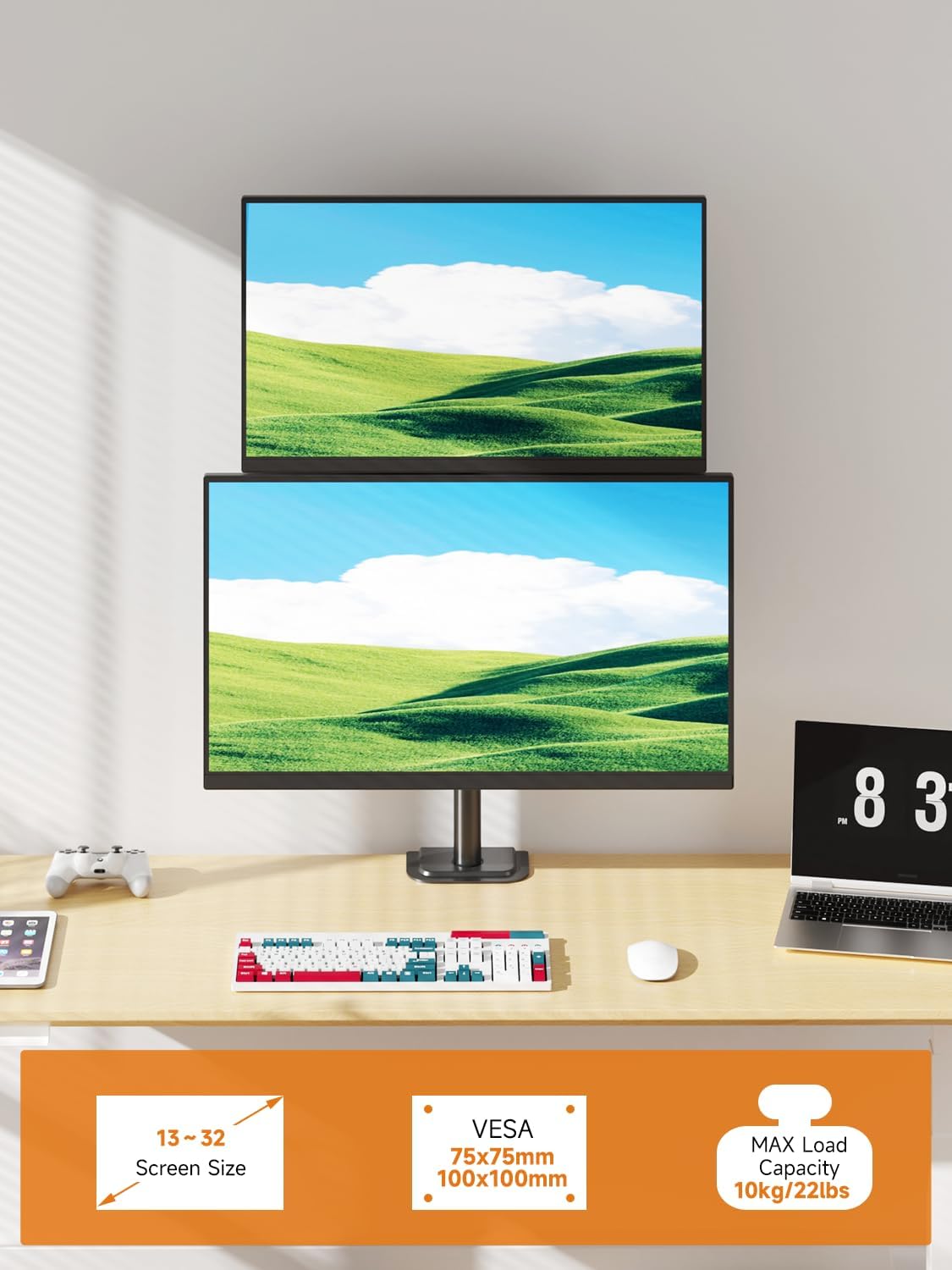 Bracwiser Dual Vertical Fully Adjustable Monitor Arm Stand Mount Fits Two Screen 13-32 inch 22lbs for Monitor Computer Screen 13 15 17 19 20 22 23 24 26 27 32 inch VESA 75 100 (MD7802)