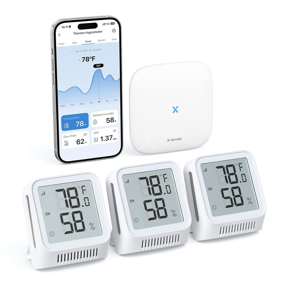 X-Sense Wi-Fi Thermometer Hygrometer with LCD, 3 Sensors & Base Station