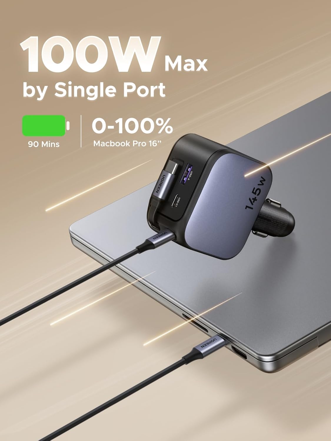 UGREEN 145W 4-Port Retractable Car Charger with 60W Retractable Cable | 3 USB-C 1 USB-A, Compatible with iPhone 17 Air 17 Pro 17 Pro Max 16 15 14 13 12, Galaxy S25 S24 S23 Ultra, iPad, MacBook