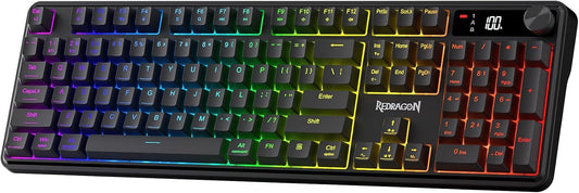 Redragon K526 PRO Wireless RGB Membrane Gaming Keyboard, LED Screen & Knob | See Battery, Mode & Time at a Glance, 0-Delay Tri-Mode, One-Touch Backlit & Media Adjust, 26-Key Anti-Ghost for Combo-Strike
