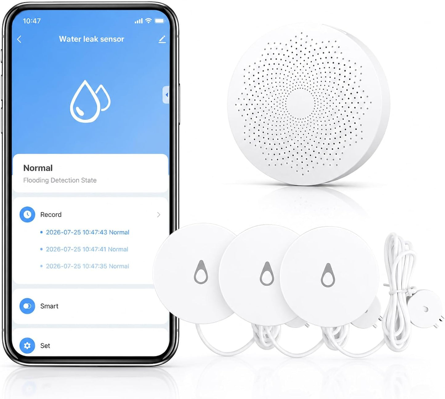 WiFi Water Leak Detector with Flexible Probes for Home, Hub & 3 Water Sensors, App Alerts, Loud Hub Alarm, 330FT Range, Alarm for Basement, Water Heater, Washing Machine & Under Sink