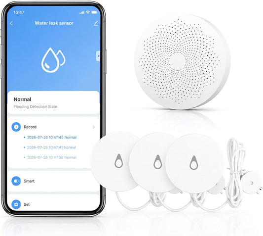 WiFi Water Leak Detector with Flexible Probes for Home, Hub & 3 Water Sensors, App Alerts, Loud Hub Alarm, 330FT Range, Alarm for Basement, Water Heater, Washing Machine & Under Sink