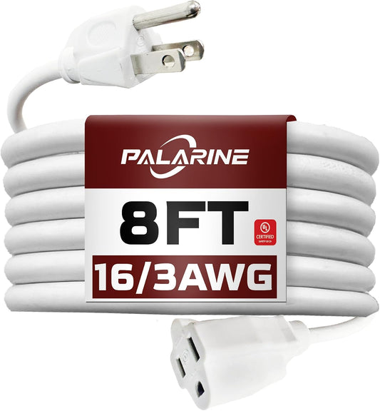 8 Ft White Outdoor Extension Cord, 16 Gauge Heavy Duty