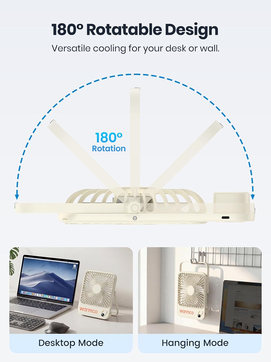 Warmco D3 Portable Travel Fan 10000mAh, Ultra-Slim, 24H Runtime | Quiet 7-Inch Rechargeable Desk Fan, Digital Display For Sleeping, Office, Bedroom & Cruise