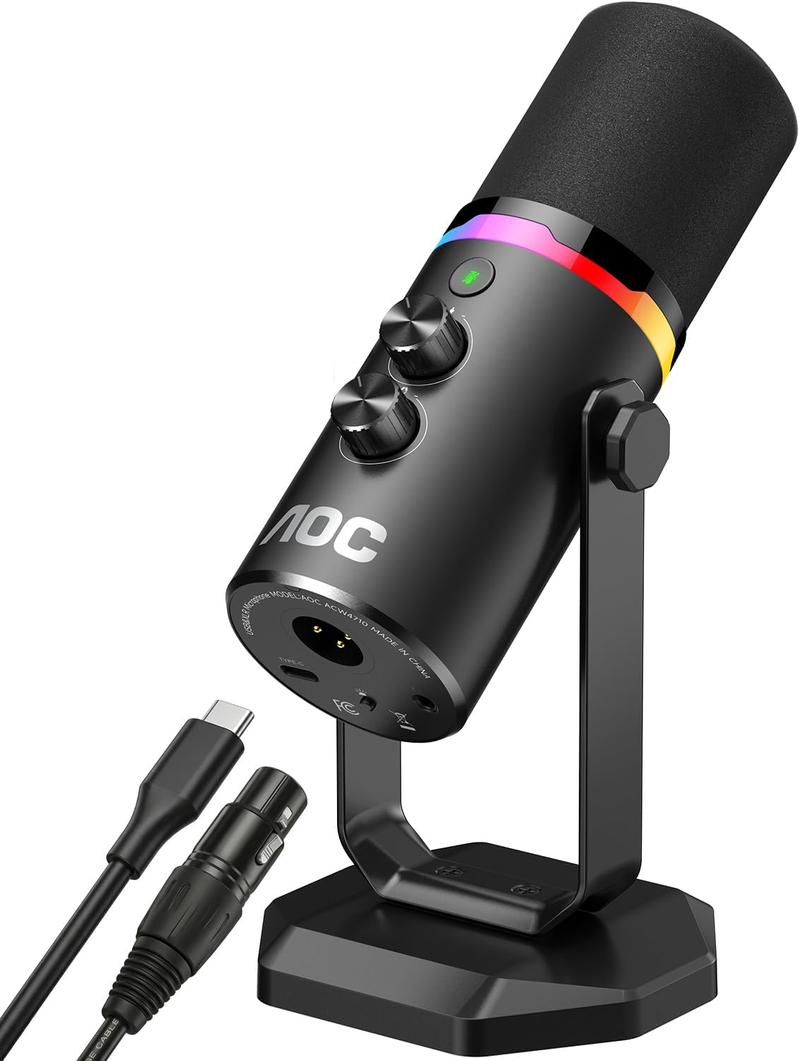 AOC USB/XLR Dynamic Microphone for PC Gaming, Podcast & Recording, Dual-Mode RGB Mic& Streaming Vocal Gear with Heavy-Duty Desk Stand, Clicky Mute, 7.5ft USB & 6.5ft XLR Cables Included