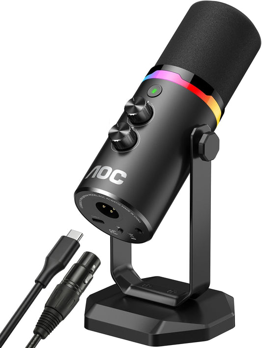 AOC USB/XLR Dynamic Microphone for PC Gaming, Podcast & Recording, Dual-Mode RGB Mic& Streaming Vocal Gear with Heavy-Duty Desk Stand, Clicky Mute, 7.5ft USB & 6.5ft XLR Cables Included