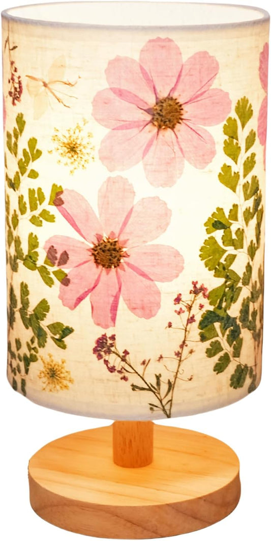 Dried Flowers Small Table Lamp 5W LED 3-Color Bedside Lamp Pressed Flowers Lampshade with Wood Base for Bedroom Living Room Desk Nursery