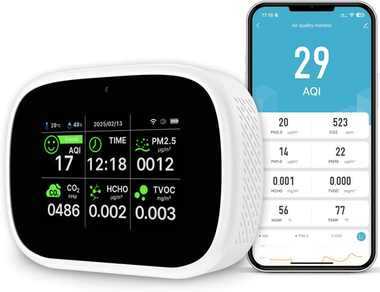18-in-1 Smart Air Quality Monitor, WiFi Indoor Air Detector with Dual Chip, Real-Time Monitoring for AQI, CO2, PM2.5, PM1.0, PM10, TVOC, HCHO, Time, Temperature and Humidity with APP