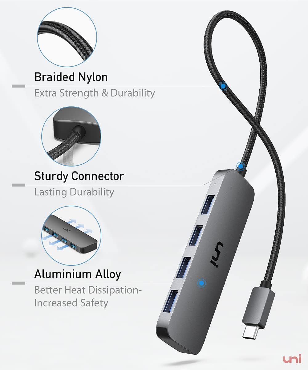 uni USB C to USB Hub Multiport Adapter, Aluminum 4 Ports USB C Splitter