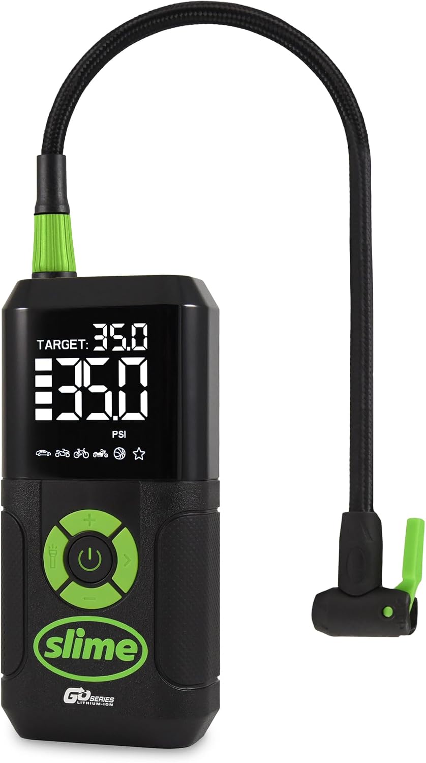 Slime 40088 Tire Inflator, Portable Car Air Compressor, Inflate Right automatic shut off, with Digital 99 psi Display, Long Hose and LED Light, 12V, 6 min inflation