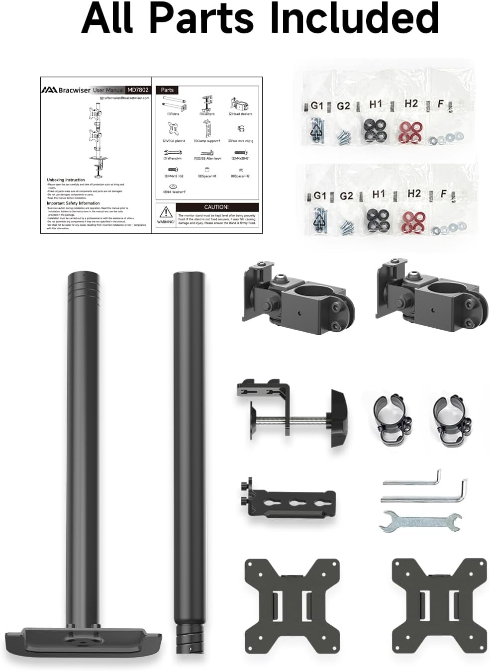 Bracwiser Dual Vertical Fully Adjustable Monitor Arm Stand Mount Fits Two Screen 13-32 inch 22lbs for Monitor Computer Screen 13 15 17 19 20 22 23 24 26 27 32 inch VESA 75 100 (MD7802)
