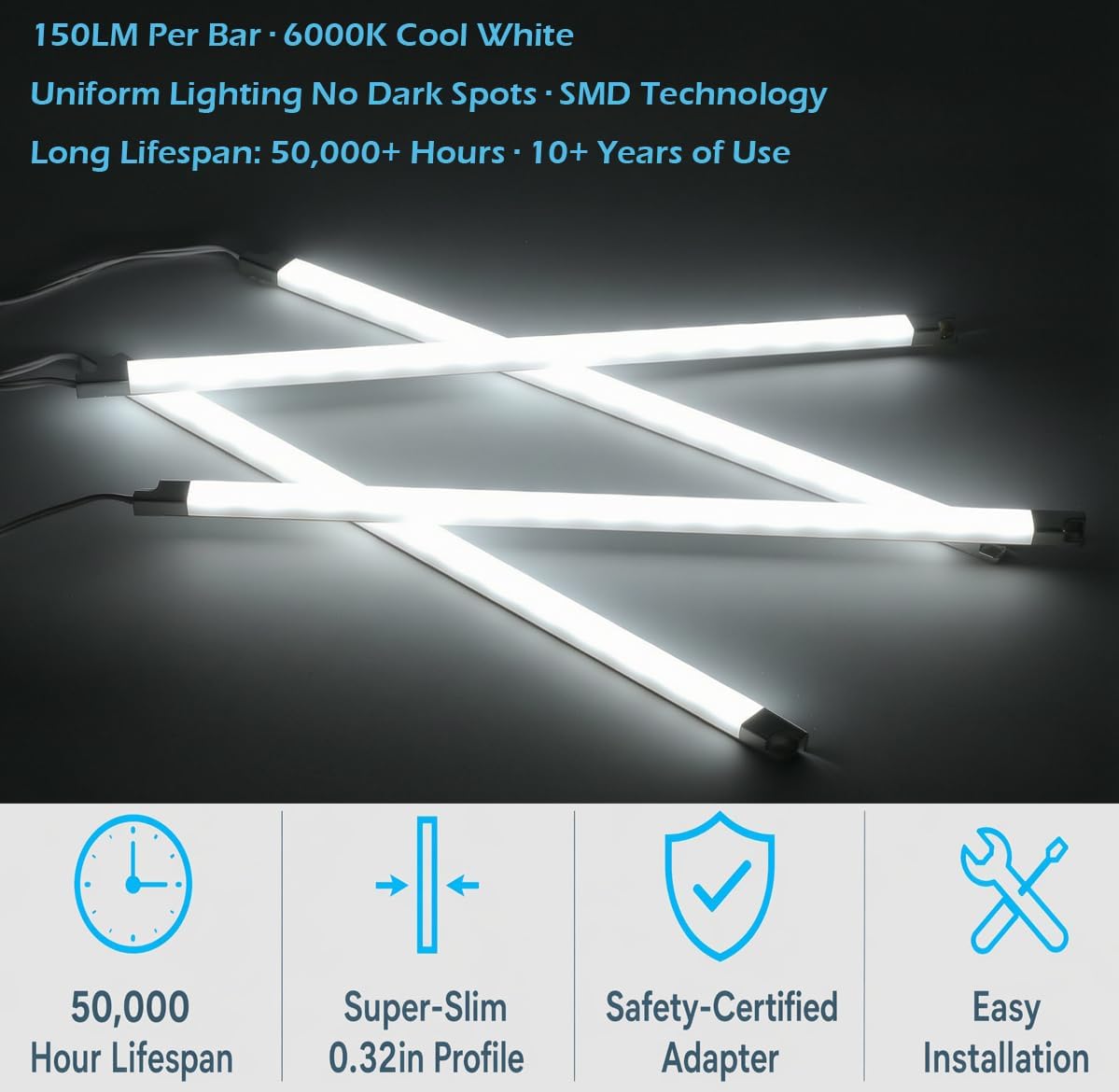 Cefrank LED Display Case Lights, 4-Pack Plug-in Cabinet Light Kit, 6000K