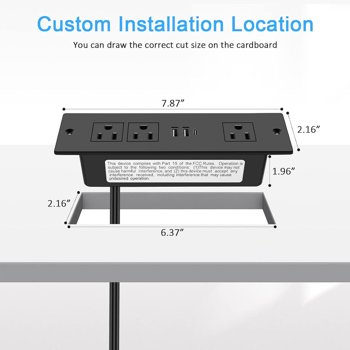 HEZI Recessed Power Strip with USB Ports, Flush Mount, Max 20W, 3FT, Black