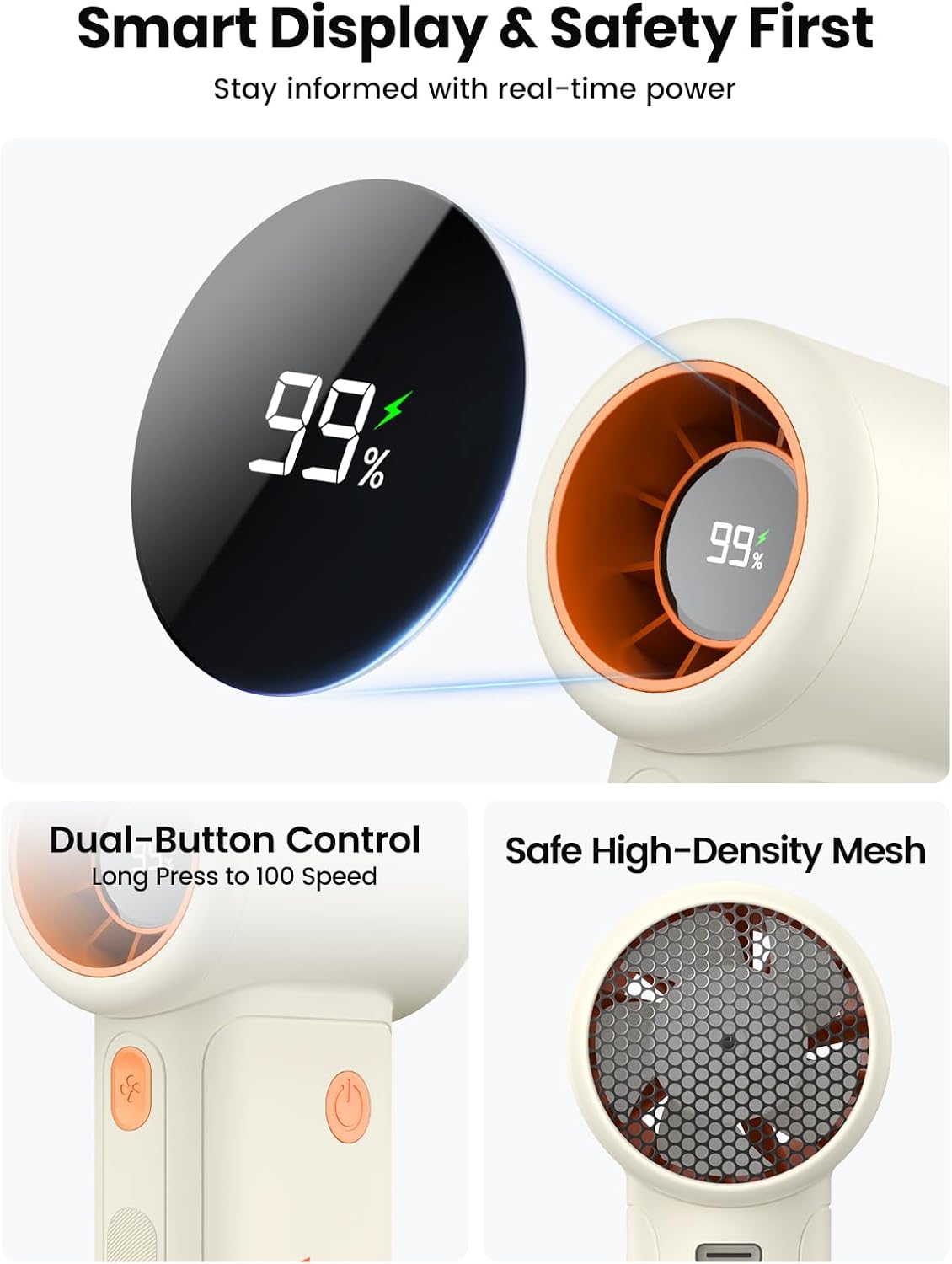 Warmco 10000mAh Portable Handheld Fan, [36H Long Runtime] USB Rechargeable Personal Mini Turbo Fan With 5 Speeds & LED Display for Travel Outdoor, Gift for Men and Women White