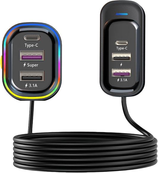 USB C Car Charger, Cigarette Lighter USB Charger, 81W Multiport 6-Port 5FT | PD & QC3.0 Fast Charger for Multiple Devices, Car Travel Essentials, Compatible with iPhone 15/16/17, Pad, Galaxy S24