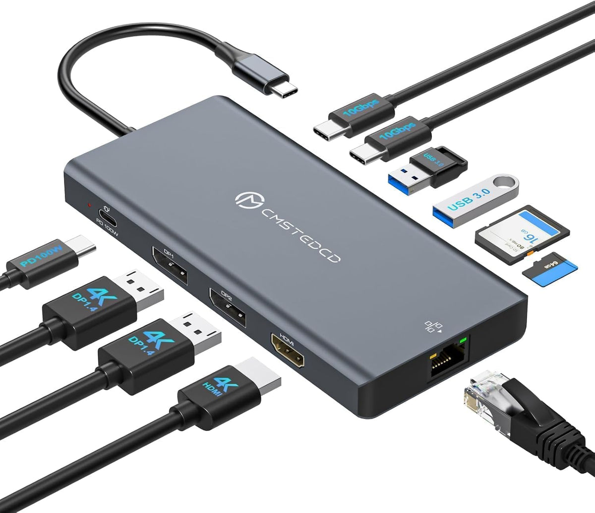 USB C Laptop Docking Station 3 Monitors with Dual DisplayPort 4K@120Hz and HDMI 4K@60Hz, 12 in 1 Thunderbolt Hub with USB A 3.0, USB C 3.2, Ethernet, SD, TF, PD 100W