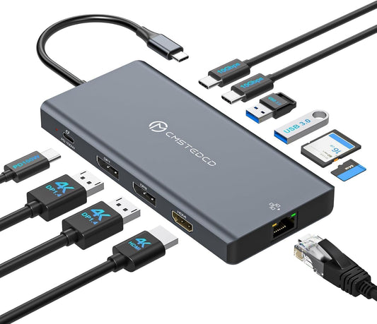 USB C Laptop Docking Station 3 Monitors with Dual DisplayPort 4K@120Hz and HDMI 4K@60Hz, 12 in 1 Thunderbolt Hub with USB A 3.0, USB C 3.2, Ethernet, SD, TF, PD 100W
