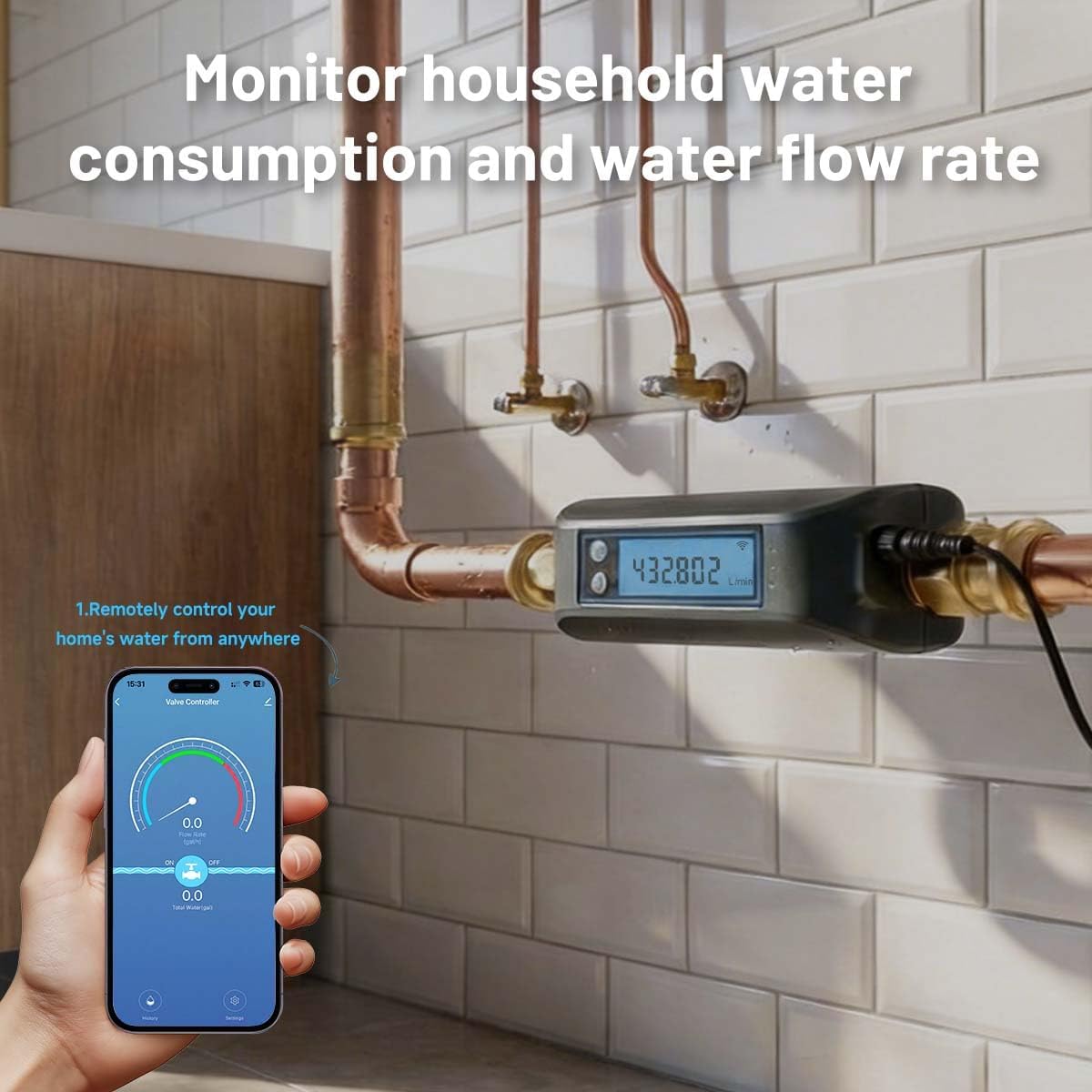 Smart Water Valve, 0.1gal/min Water Flow Monitor Alarm, GreenVation Water Flow Meter, Water Shut Off Valve for Home, WiFi Connected, Water Usage Reports