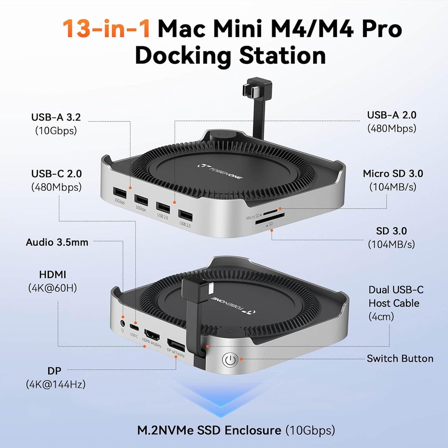 TobenONE 13-in-1 Mac mini M4 Dock with 8TB SSD Enclosure & Power Button | Hub Stand for Mac mini M4/M4 Pro, 4K@144Hz DP, 4K@60Hz HDMI, 5 USB (Max 10Gbps), SD/micro SD, Audio, for Home & Business