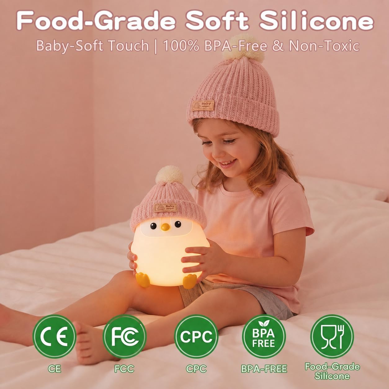 Penguin Night Light for Kids, Squishy Silicone Nursery Lamp | Tap Control, 2 Brightness, 20-Min Timer, 3000K Warm LED, BPA-Free Silicone, Nursery Decor, Gift for Kids
