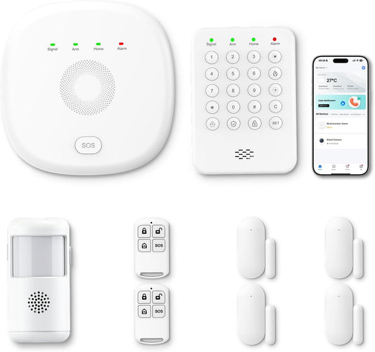 Home Security System 9-Piece Work with Alexa & Google No Monthly Fees,WiFi+4G Mobile App Control with Instant Alerts and Auto Alarm Dial,Door/Window Sensors+Motion Detectors+Remote,24/7 Monitoring
