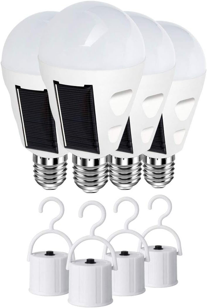 4 Pack LED Solar Emergency Light Bulbs for Home Power Failure, E26/E27 7W Rechargeable Battery Backup Bulb, Hurricane Supplies for Home, White Daylight 6000k Outdoor Hiking Camping Light