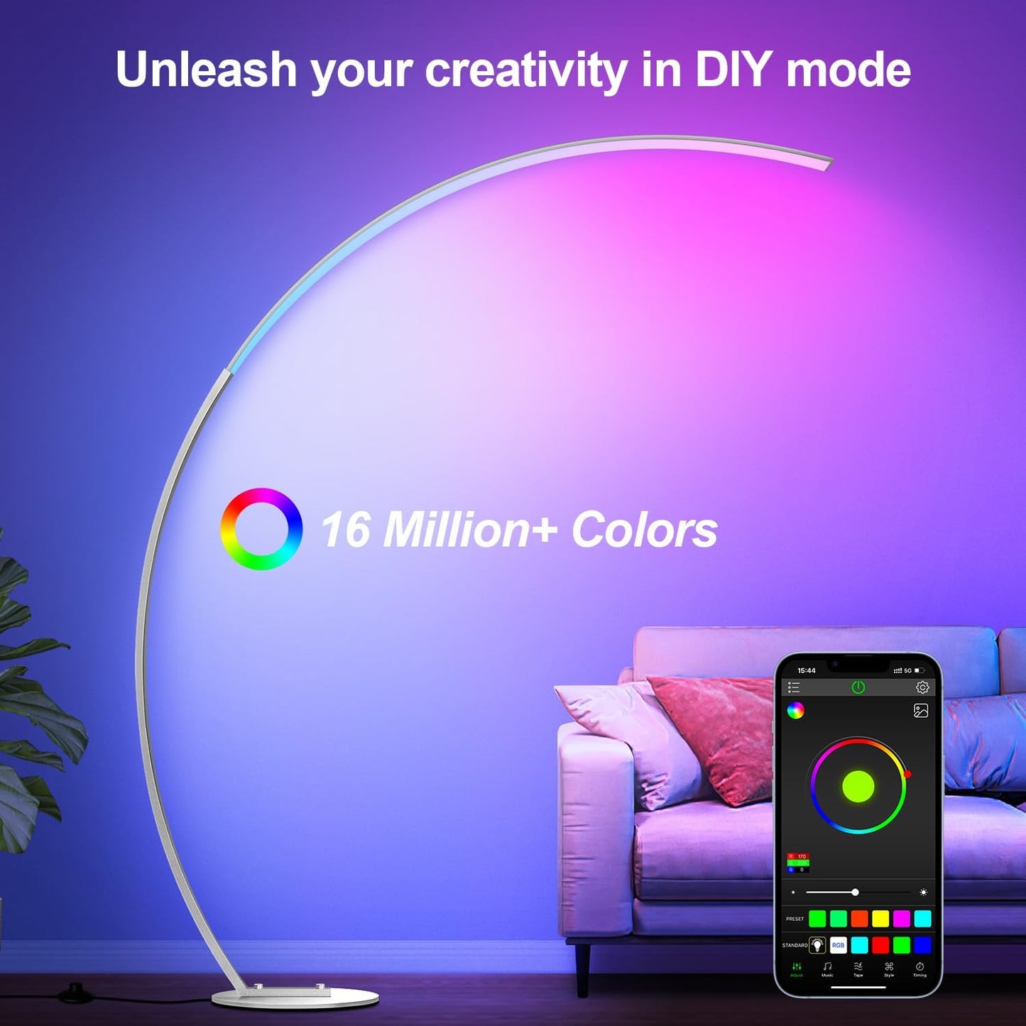 RGB Floor Lamp with 3 Color Temperatures, Ultra Bright 1800LM Smart Arc LED Floor Lamp with Remote Control, Music Sync, Scene Modes, Modern Standing Tall Lamp for Bedroom Living Room-Brushed Nickel