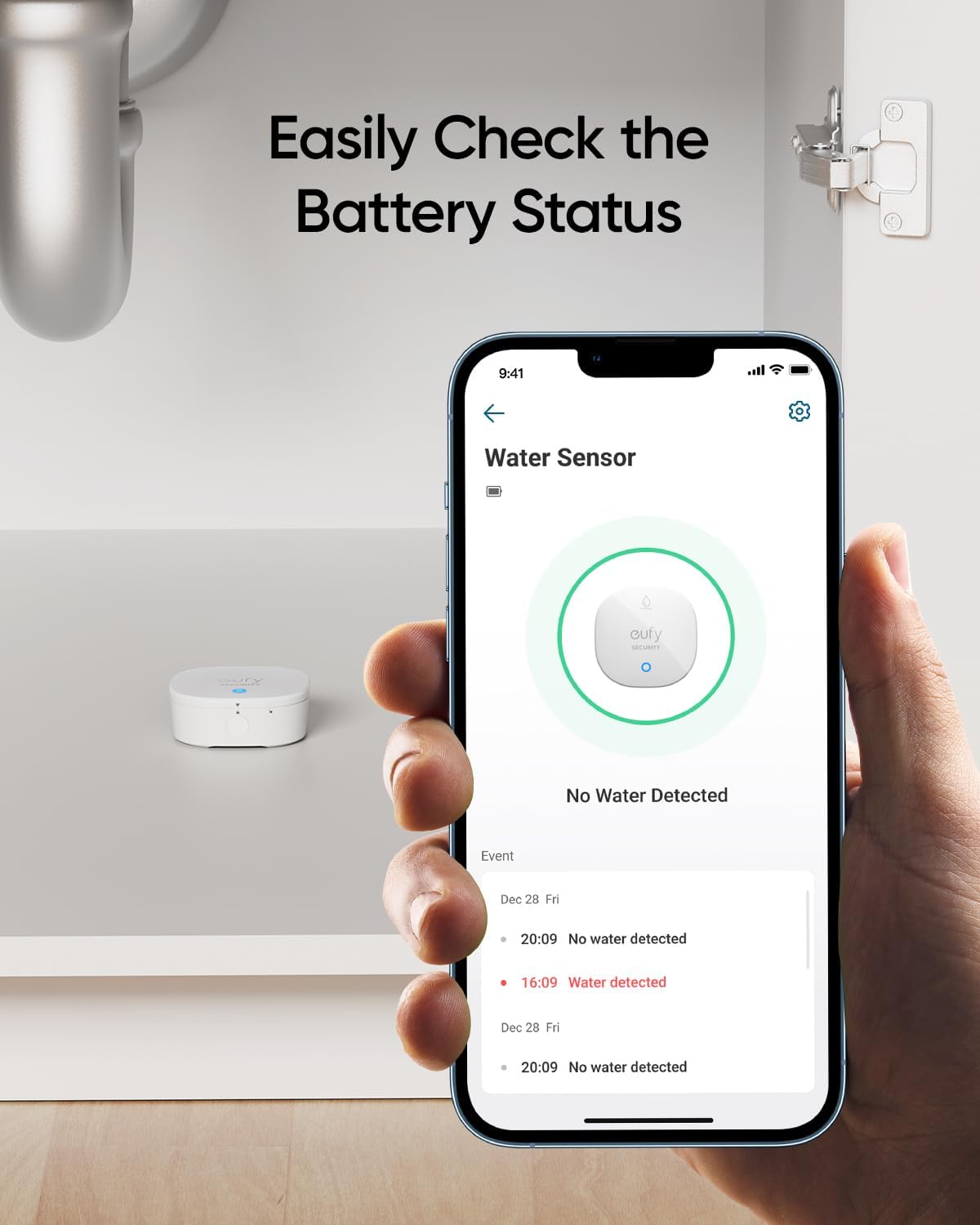 eufy Security Water and Freeze Sensor with Remote Alerts, IP65 Waterproof, 2-Year Battery Life, HomeBase Required, Compatible with HomeBase 2 and 3, Optional 24/7 Protection Service, App Control