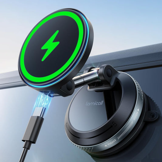 Lamicall 15W for MagSafe Car Mount Charger, 360° Wireless Car Phone Holder | Dual USB-C Ports Magnetic Phone Holder for Car, 70 LBS Vacuum Suction Phone Mount for iPhone 17 16 Pro Max Truck Jeep Black