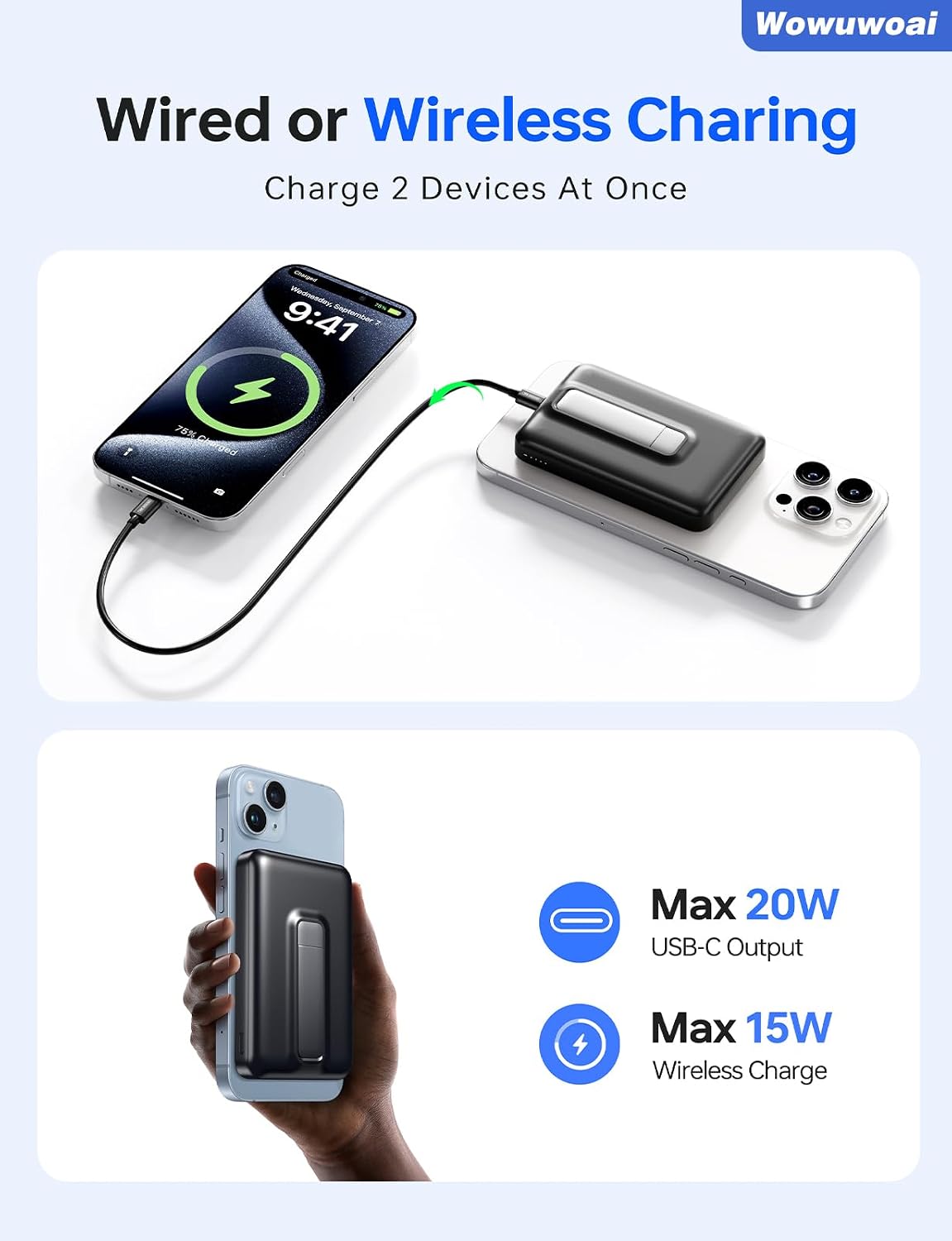 for Magsafe Portable Charger, 10000mAh Wireless USB-C Power Bank with Stand | USB C Charging (In&Out), 20W Fast Charge MagSafe-Compatible Battery Pack for iPhone 17/16/15/14 & Android, Indicator Light