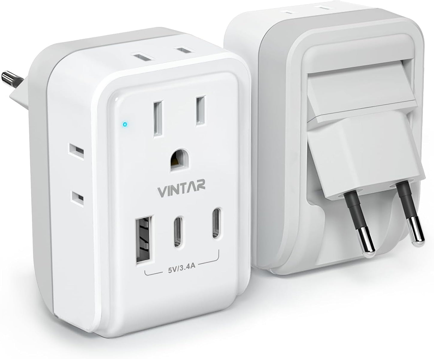 VINTAR 2 Pack European Travel Plug Adapter, 7 in 1 Type C Foldable Plug | 4 AC Outlets 3 USB Charging Ports(2 USB C), International Power Adapter for US to Most Europe EU Italy Spain France Iceland