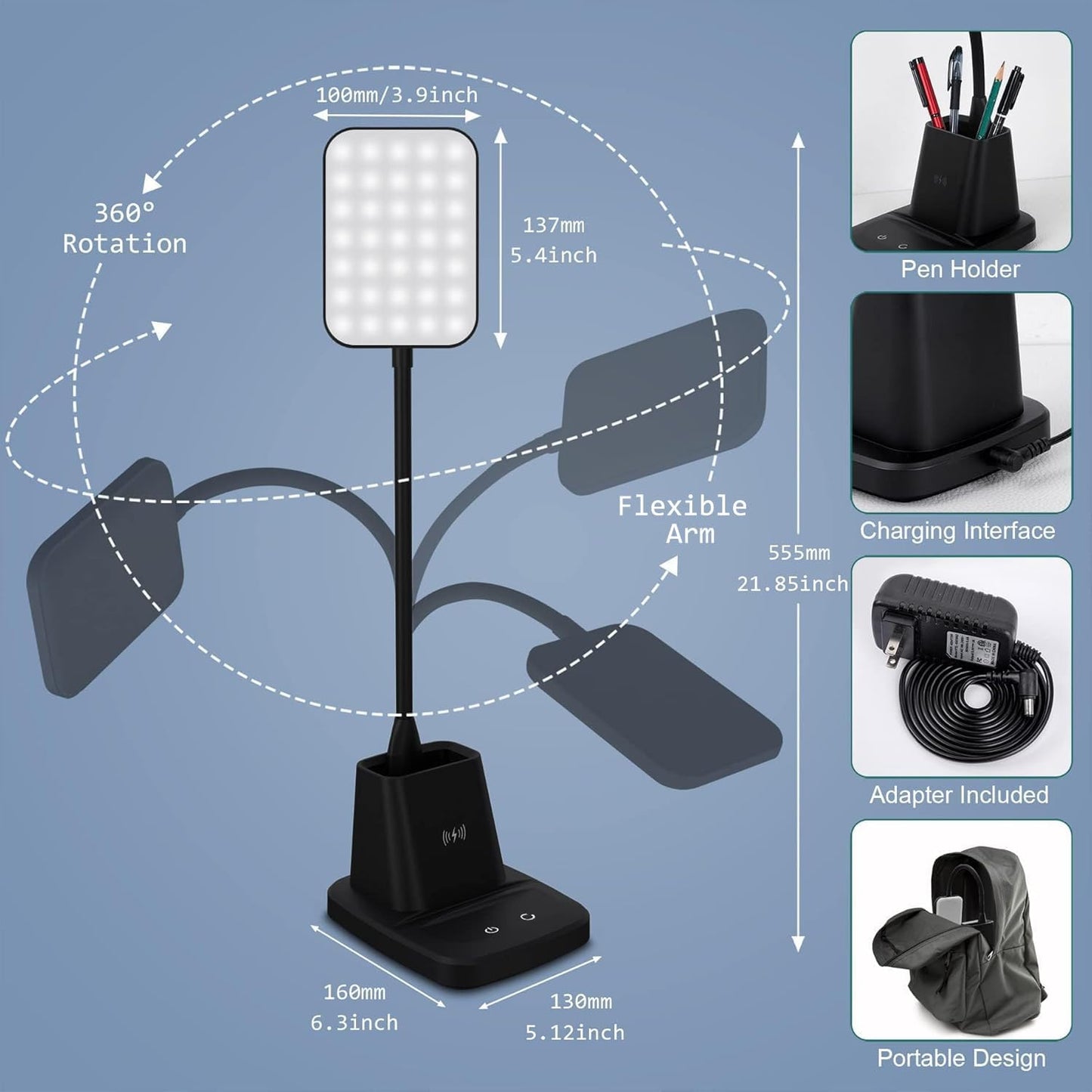 LED Desk Lamp with 10W Wireless Charging & Pen Holder, Black | CRI 95, 800LM, Stepless Dimming, 3 Modes, 360°Flexible Arm, Touch, Study Table Lamp for Home Office, Dorm Room, with Adapter
