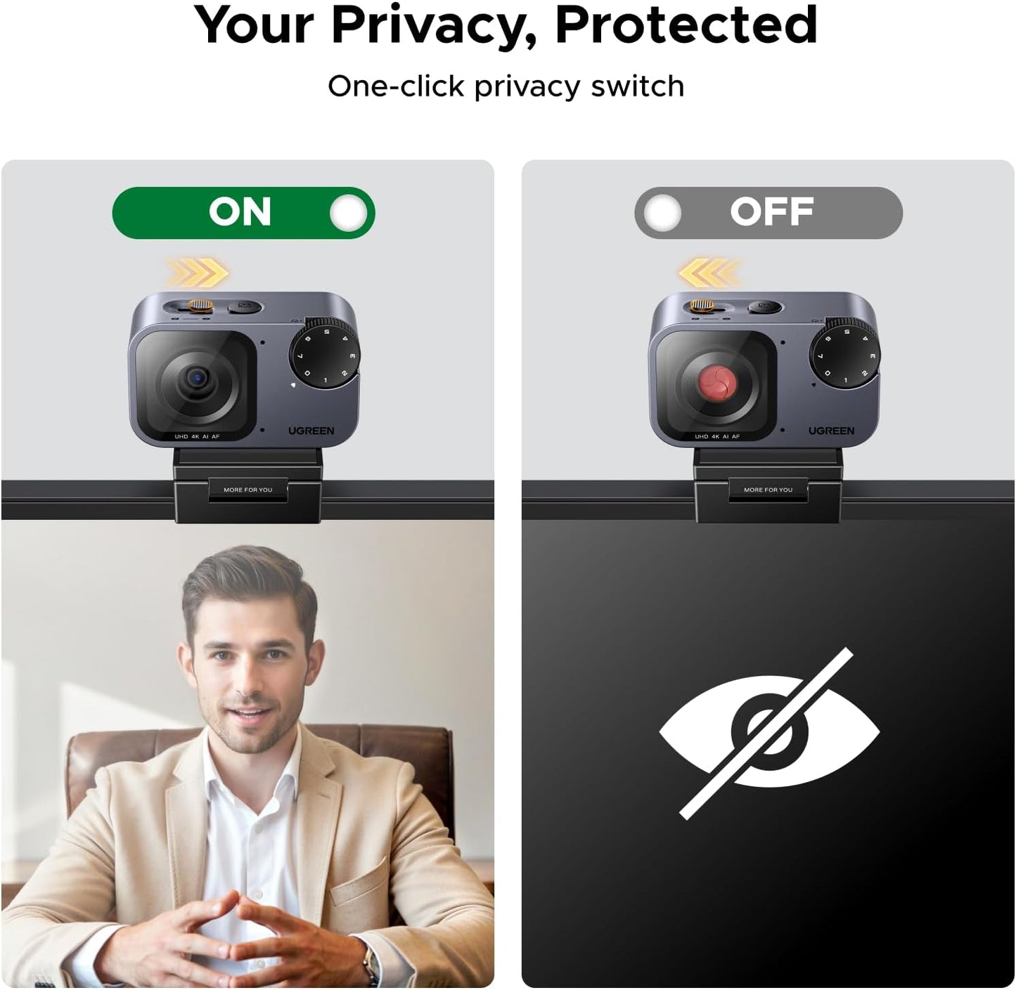 UGREEN FineCam Pro 4K Webcam with 1/2" Sensor for PC/Mac | AI Noise-Canceling Mic, Gesture Control, Face AE, PDAF, for Streaming, Conference, OBS Zoom, Switch 2, Privacy Cover & Tripod
