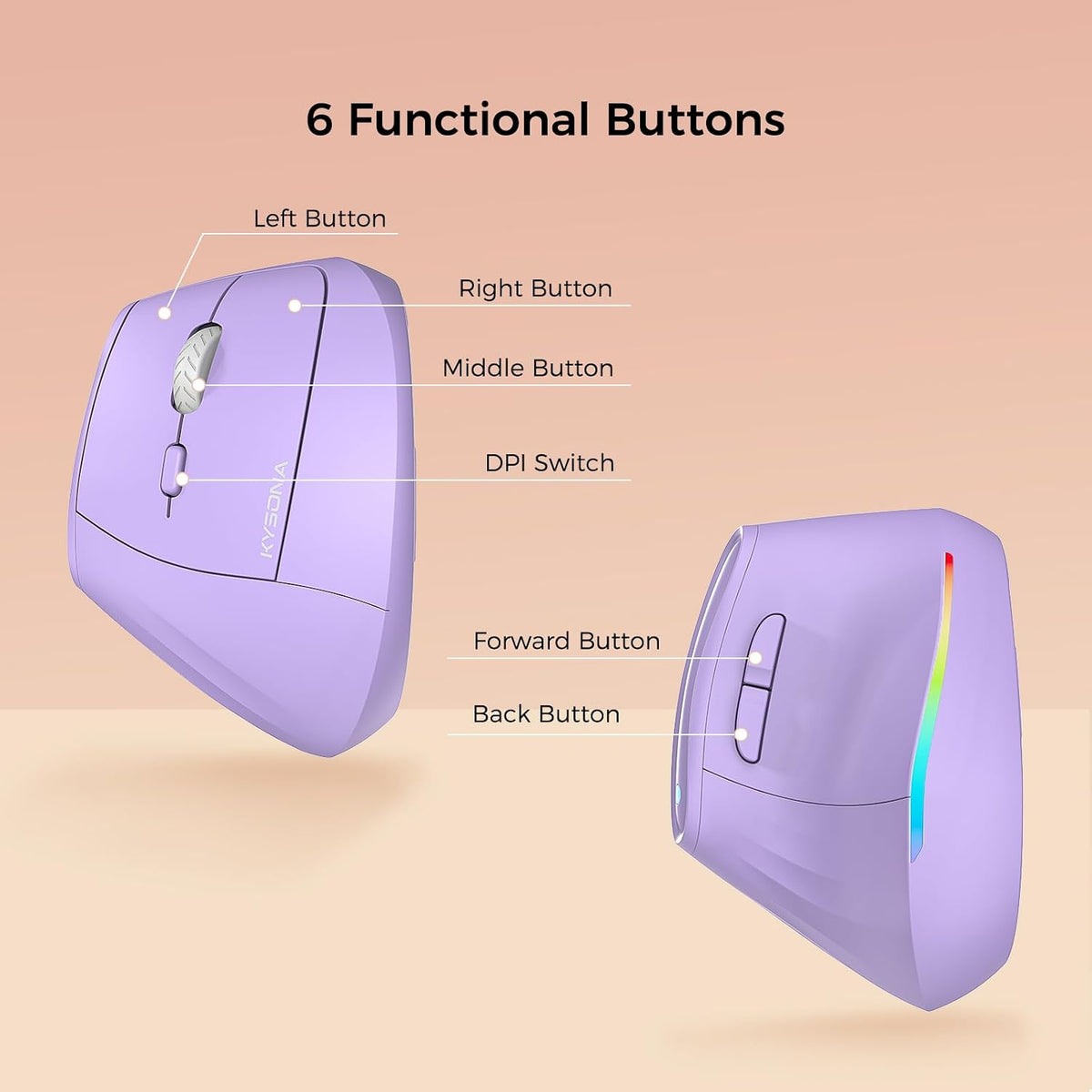 KYSONA 57° Wireless Ergonomic Mouse, Vertical Mouse, Carpal Tunnel Mouse, RGB Light, Rechargeable, Bluetooth & 2.4G, 5-level DPI Adjustment, Quiet Click Ergo Mice Compatible with PC/Laptop/Mac, Purple