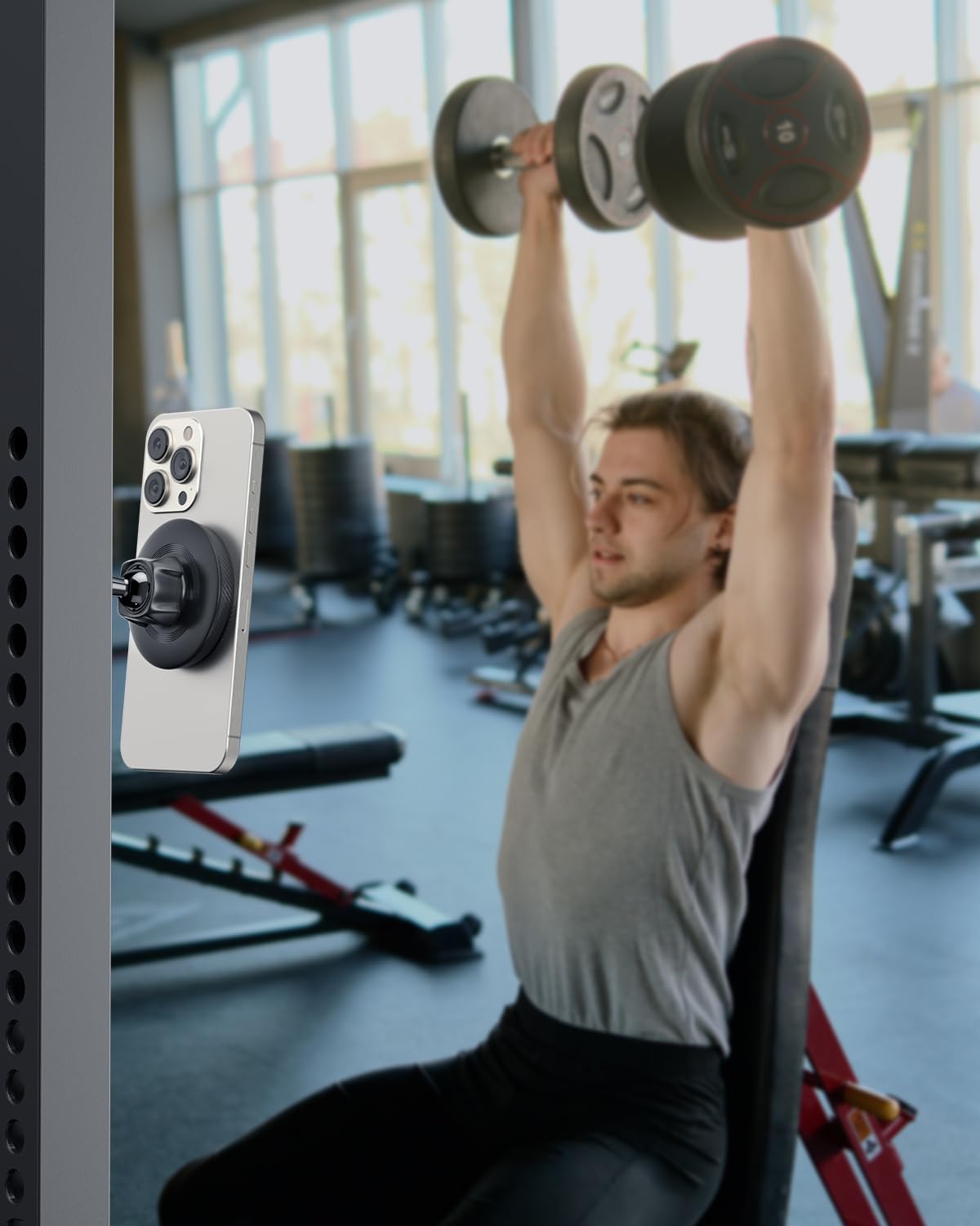 APPS2Car Gym Magnetic Phone Holder, Aluminum Alloy Base & Ball Joint, Black | 360° Adjustable Dual Magnet Phone Mount for MagSafe, Attach to Metal Surface, Gym Accessories for Workout Recording