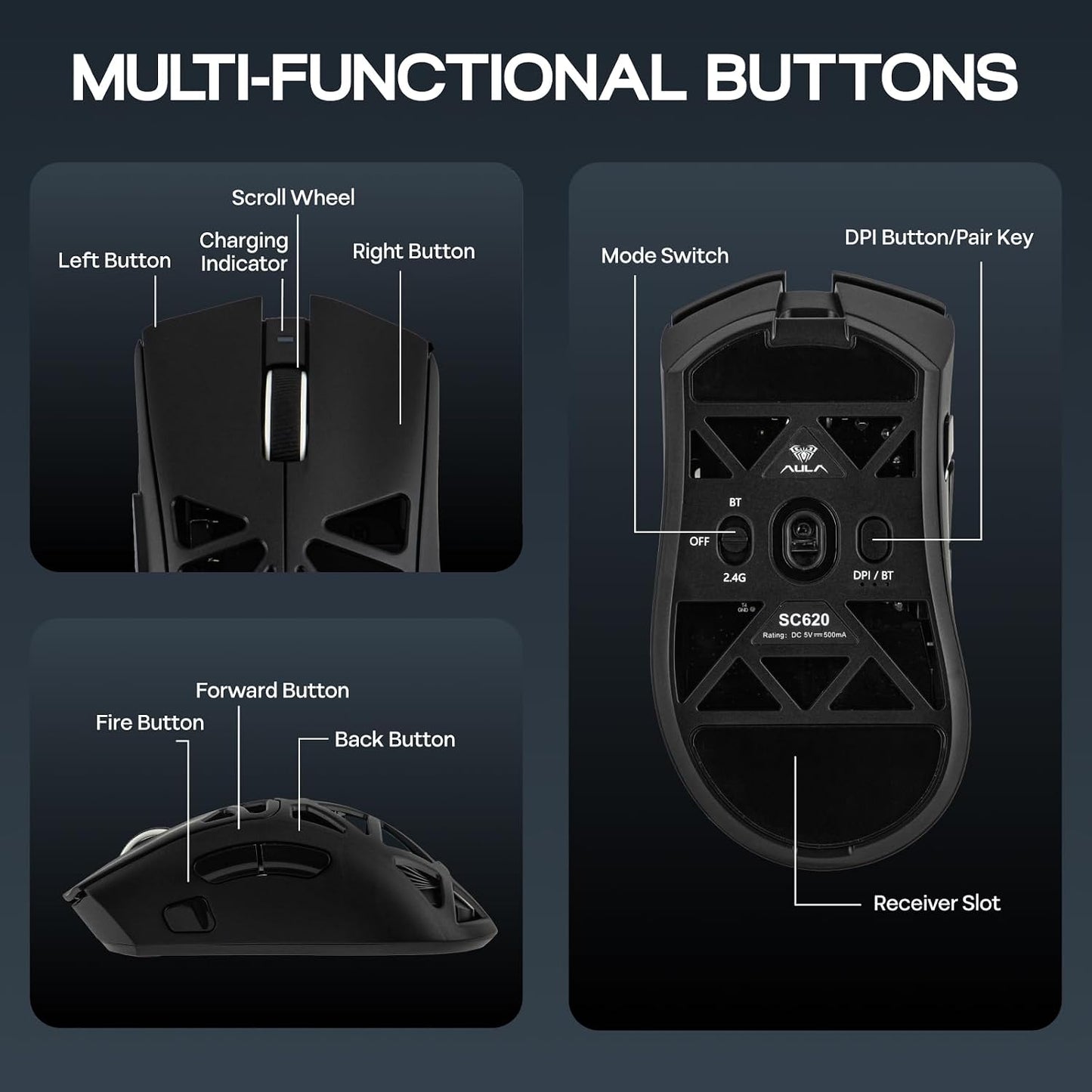 MechLands Aula SC620 Gaming Mouse, 2.4G/USB-C/BT Wireless Mouse with 400mAh Battery, Adjustable 12,000 DPI & 1000 Polling Rate, PAW3311 Sensor, RGB Lighting, Programmable Buttons, for Win/Mac (Black)