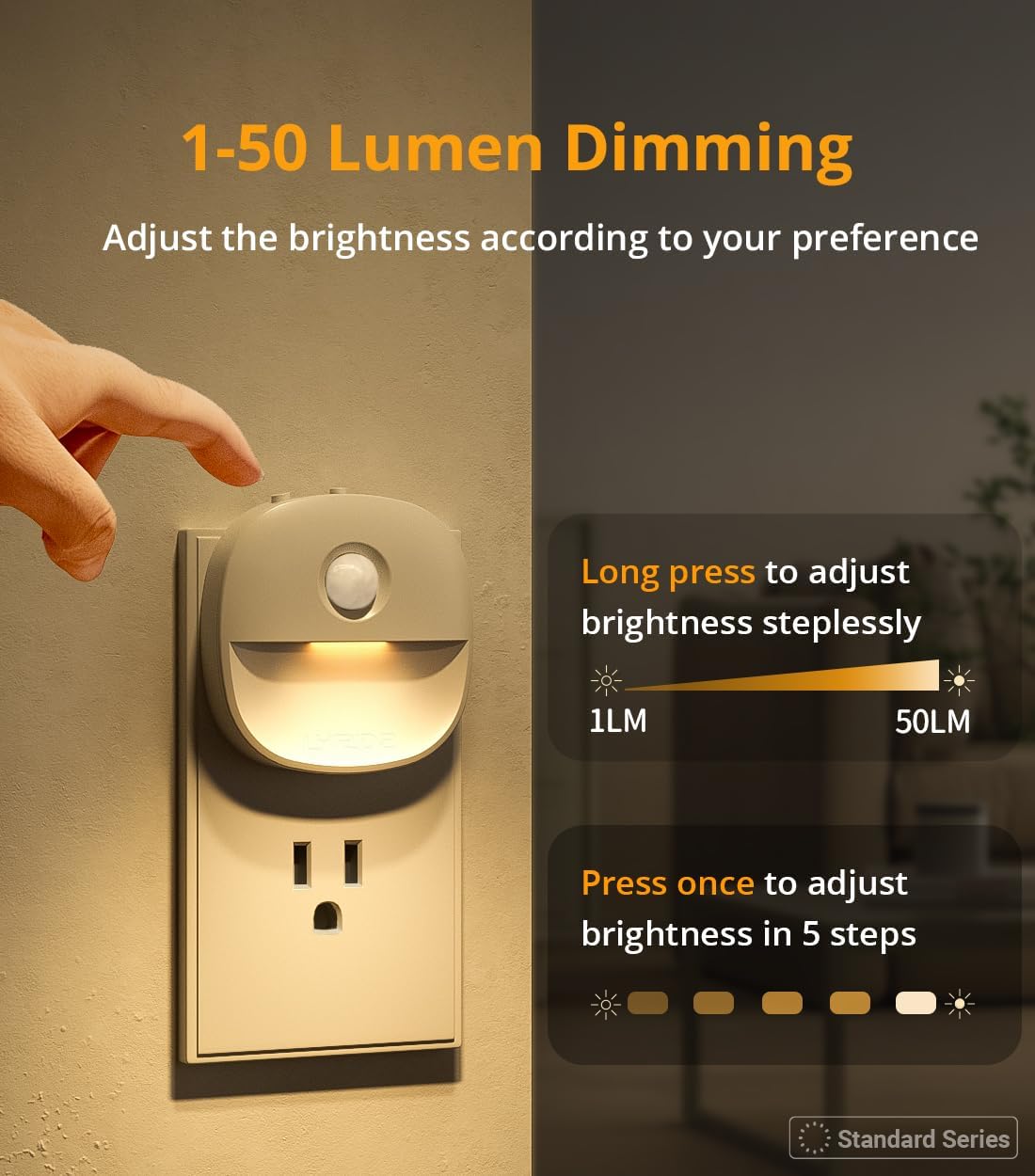 Lyridz Plug in Night Light with Motion Sensor and Dusk to Dawn Sensor, Dimmable Warm Nightlight with 1-50lm Adjustable Brightness Indoor for Bedroom, Bathroom, Stairs, Hallway, 4 Pack