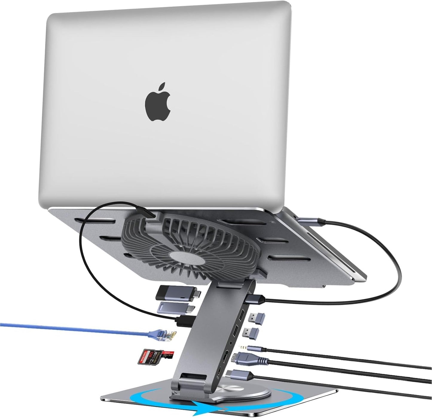 Laptop Docking Station Stand with Fan Aluminum Laptop Riser with USB-C Hub 11-IN-1 4K60Hz HDMI 100W PD Charging USB3.0 Ethernet Audio TF/SD, 360° Swivel, for MacBook Pro/Air, iPad Pro & Type-C Laptops